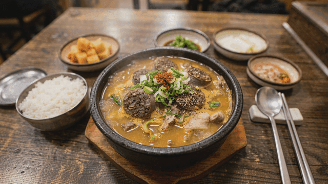 Steaming hot sundaeguk with side dishes