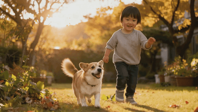 Child playing with a dog in a sunny garden