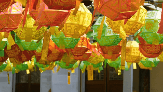 Colorful lanterns hanging in a temple