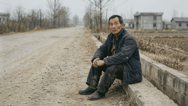 Middle-aged man sitting by country roadside