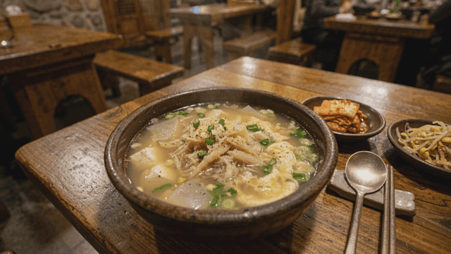 Steaming hot dried pollack soup at cozy restaurant