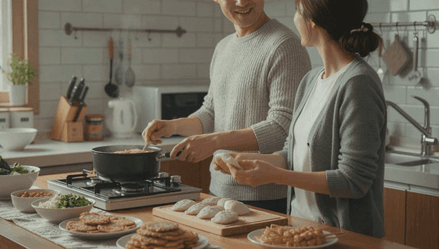 Couple cooking together in cozy kitchen