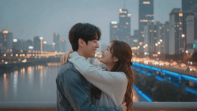 도심 사이 강다리 위에서 포옹하는 커플