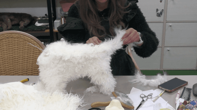 Woman touching tail of white wool puppy doll