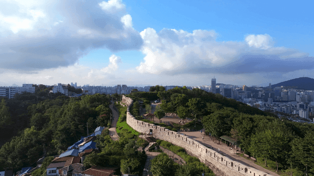 도시 전경이 보이는 역사적인 성벽