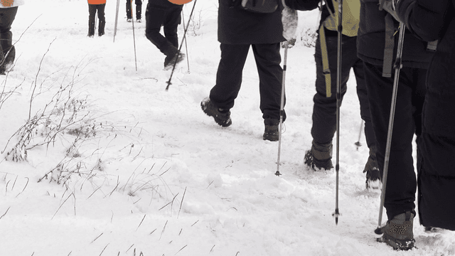 People hiking in snowy landscape