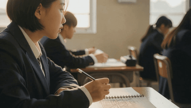 Short-haired female student focusing on writing during class