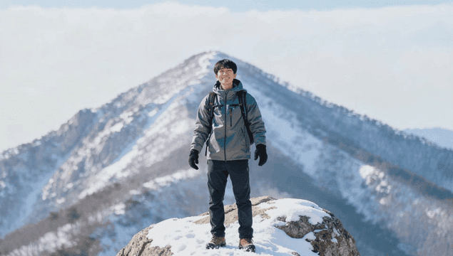 눈 덮인 산 정상에서 기뻐하는 남자