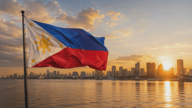 Philippine flag waving with city skyline
