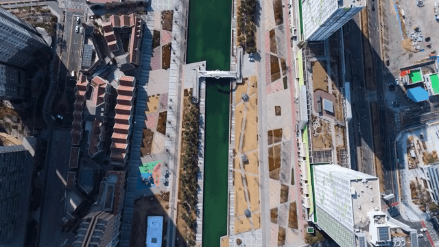 Aerial view of a modern urban canal