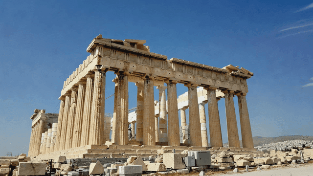 Ancient Greek temple under a clear sky