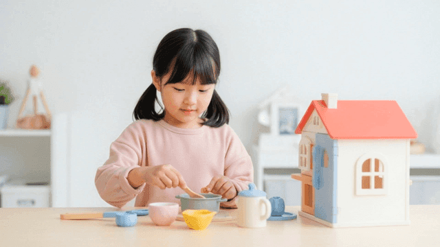 장난감 주방 세트를 가지고 노는 여자 아이