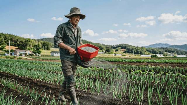 Farmer spreading fertilizer in field