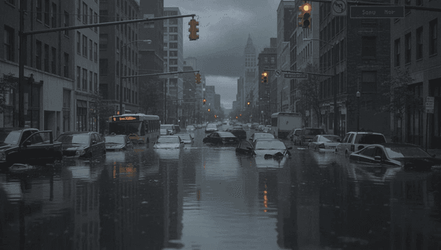 번개가 치는 침수된 도시 거리