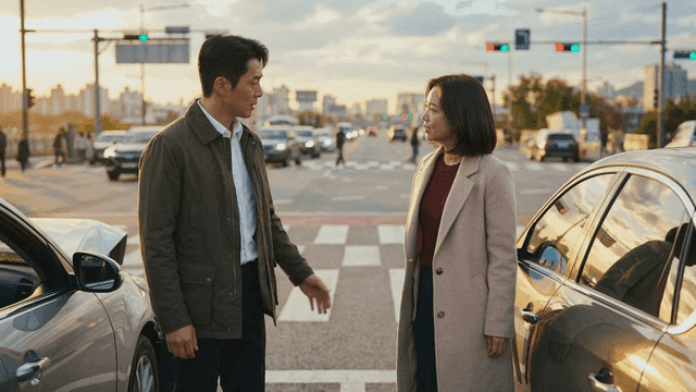 Man and woman talking after traffic accident on busy street