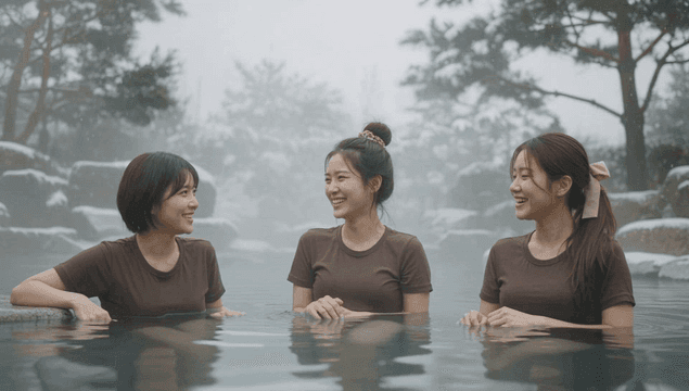 세 친구가 온천을 즐기는 모습