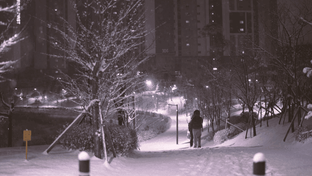 People walking on snowy night in apartment park