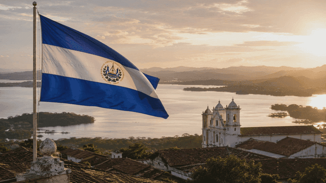 El Salvador flag is flying near historic church at sunset.