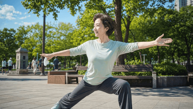 Elderly woman practicing Tai Chi in park