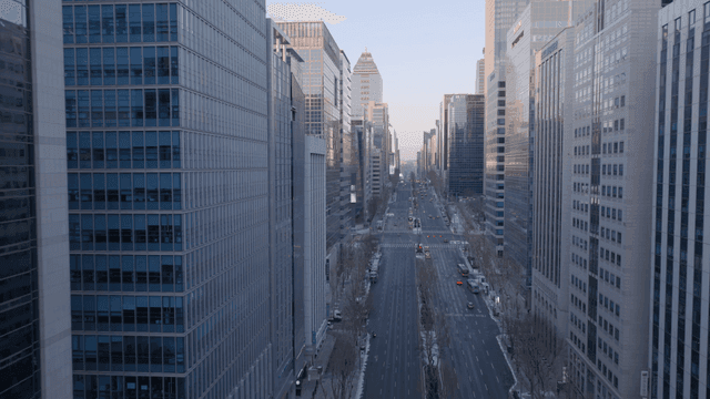Busy city roads with high-rise buildings