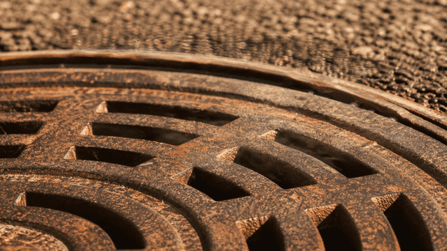 Rusty manhole cover with smoke rising from street