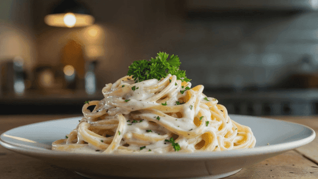 Cream pasta garnished with herbs