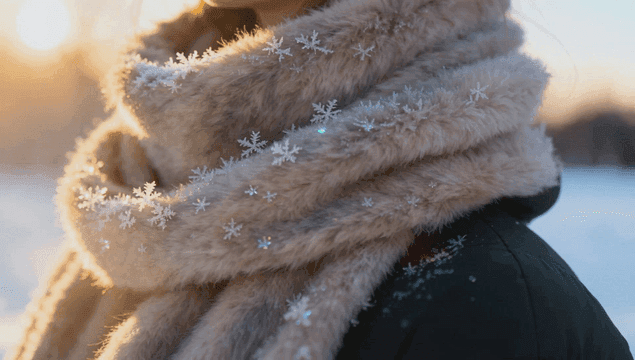 겨울에 따뜻한 목도리에 내린 눈송이