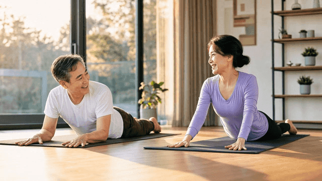 Middle-aged couple doing yoga on yoga mat at home
