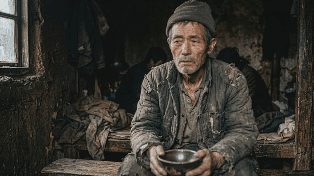 Thin old man sitting with empty bowl