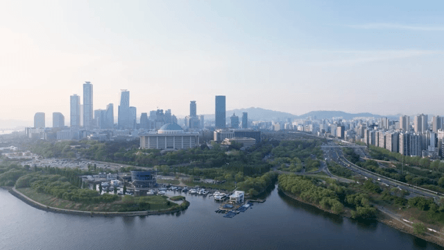 Cityscape with skyscrapers and a river