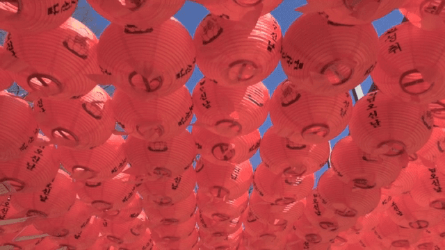 Colorful lanterns hanging under a clear sky