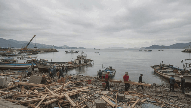 People clearing debris from coastal disasters