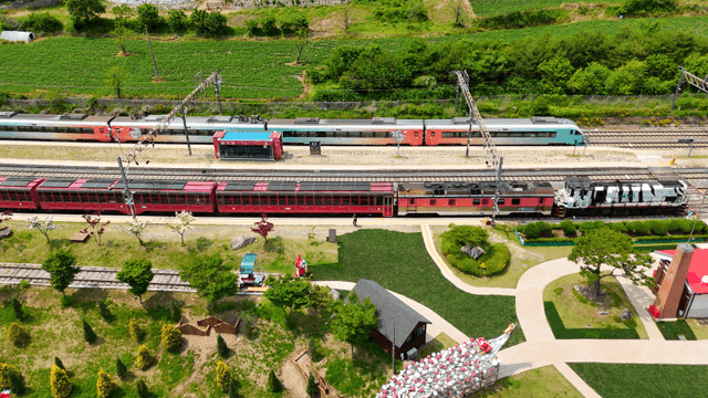 Aerial view of a rural train station