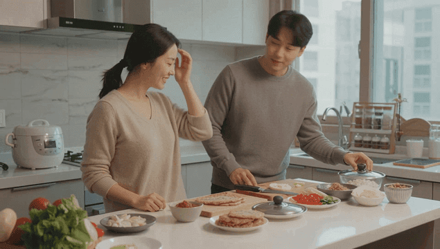 Couple cooking together in kitchen