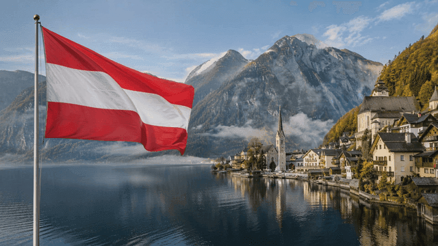 Austrian flag waving by a lakeside village