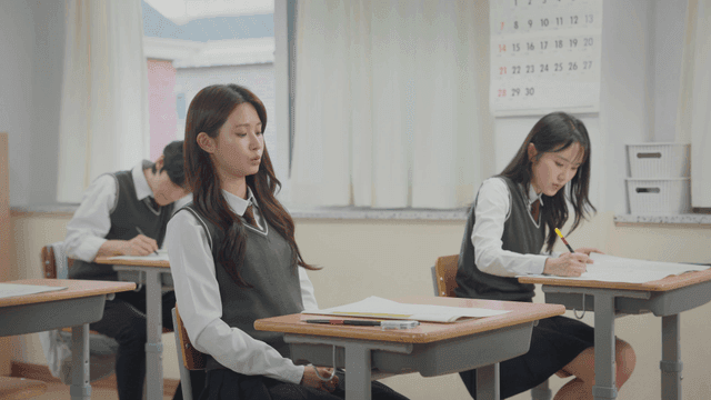 Students taking an exam in a classroom