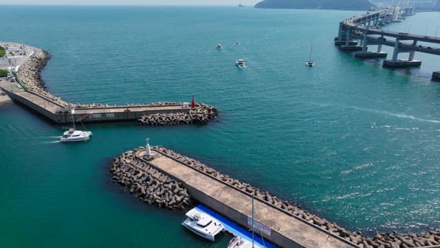 평화로운 선착장 근처를 항해하는 요트들