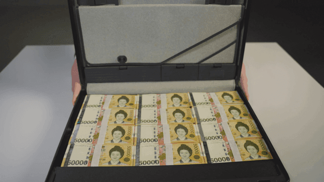 A man presenting a briefcase full of money