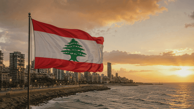 City skyline with a flag at sunset