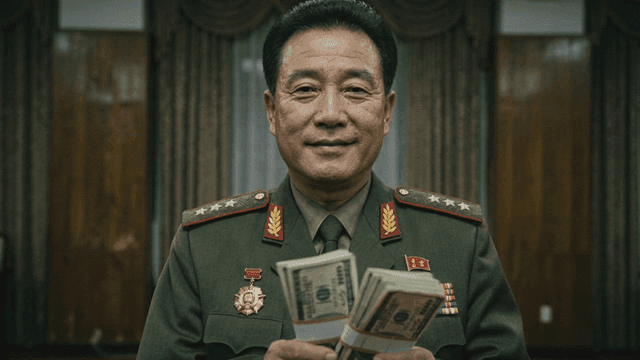 Corrupt North Korean officer holding dollars