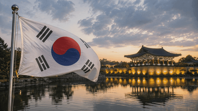 Korean flag waving near a traditional pavilion