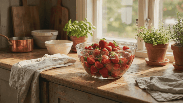 A bowl of fresh strawberries on a kitchen counter