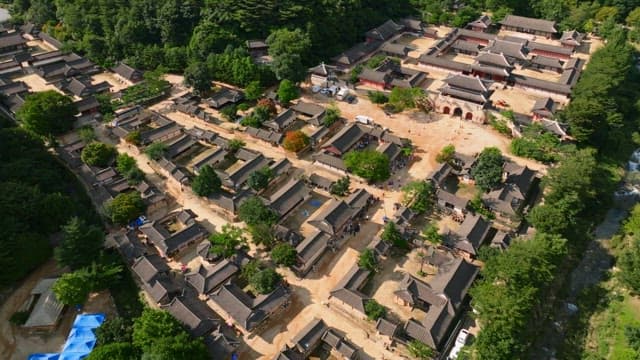 Traditional Korean village with green trees