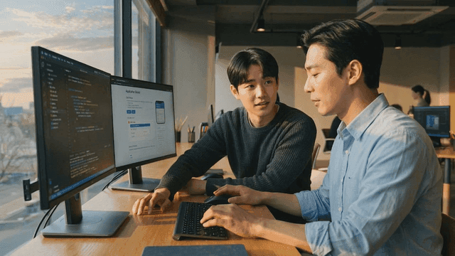 Two colleagues discussing code at a desk