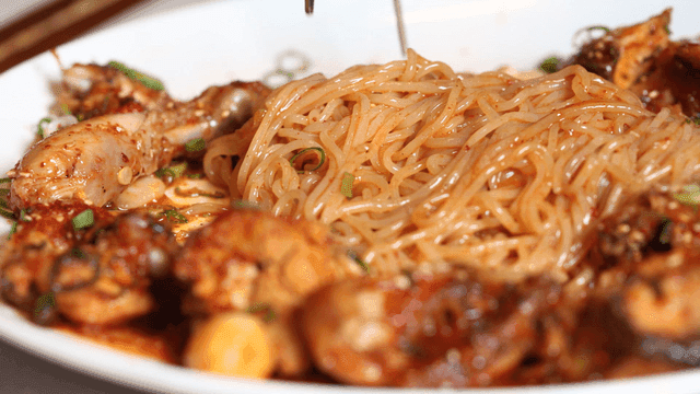 Spicy Jjimdak Chicken and noodle dish