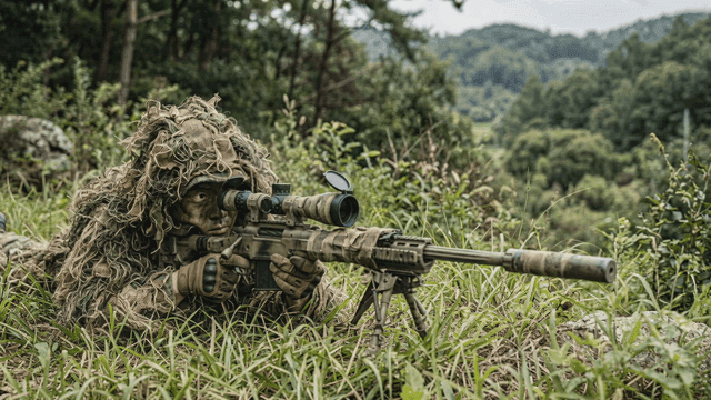 Camouflaged soldier aiming in forest