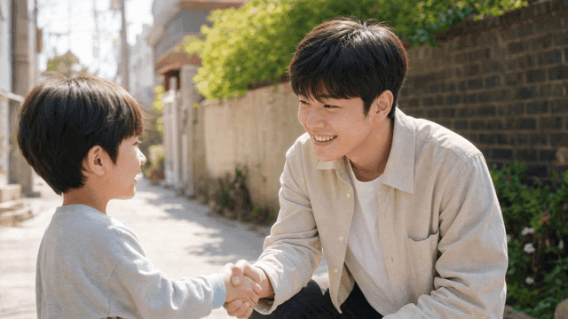 Friendly handshake between man and boy
