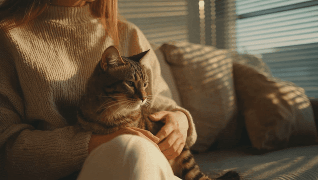 A woman relaxing with her cat on a sofa