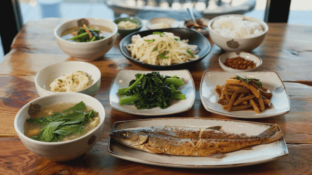Traditional Korean food including grilled fish