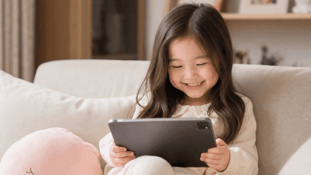Girl sitting on sofa using tablet